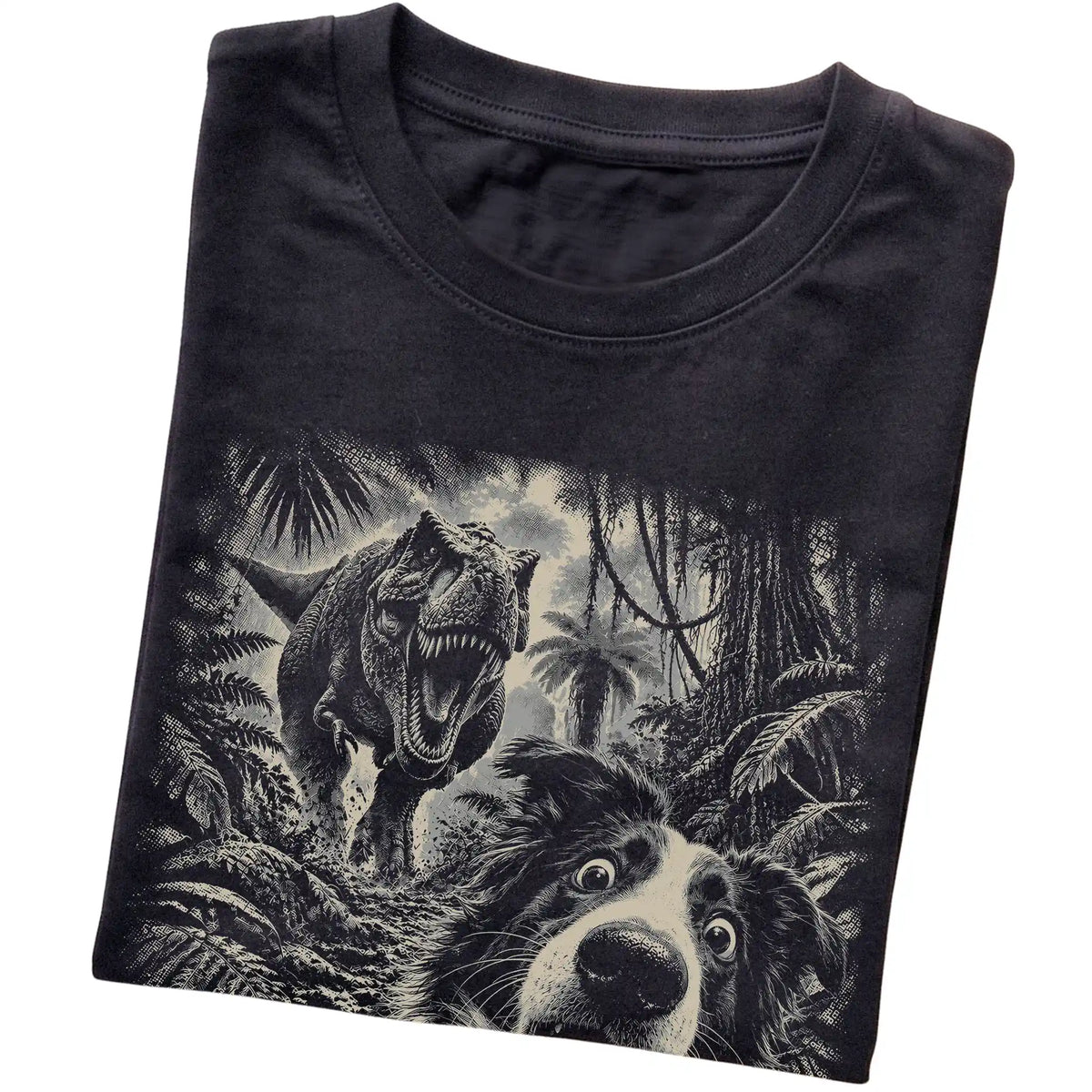T-Rex Selfie Border Collie Gildan Softstyle T-Shirt in Black, folded detail