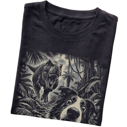 T-Rex Selfie Border Collie Gildan Softstyle T-Shirt in Black, folded detail
