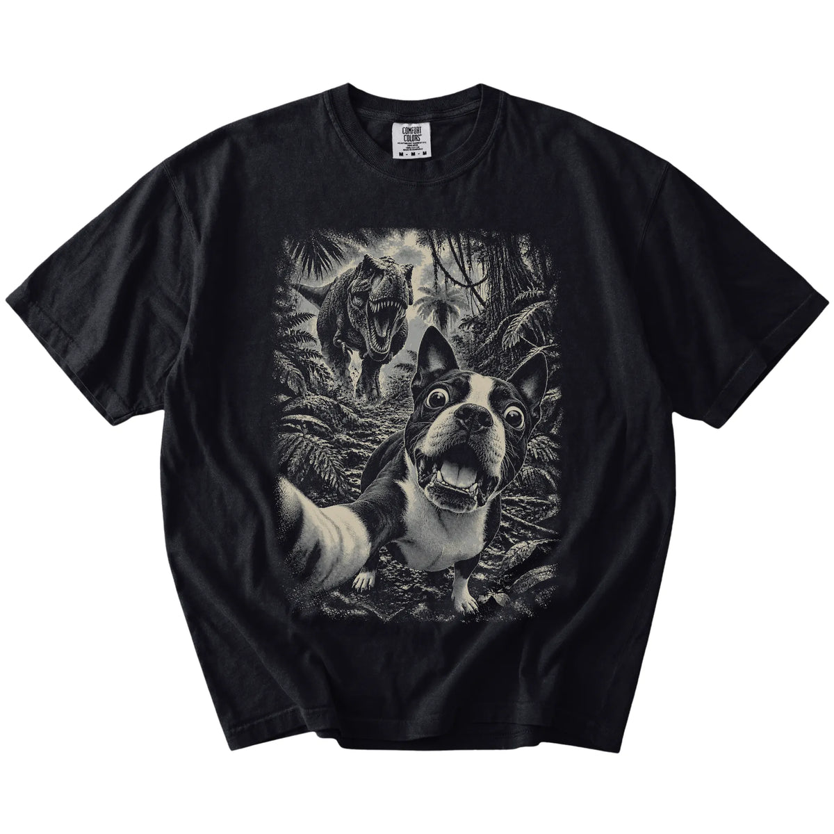 T-Rex Selfie Boston Terrier Comfort Colors 1717 T-Shirt in Black, flat lay