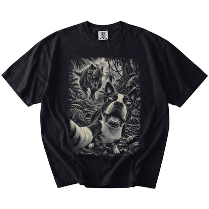 T-Rex Selfie Boston Terrier Comfort Colors 1717 T-Shirt in Black, flat lay