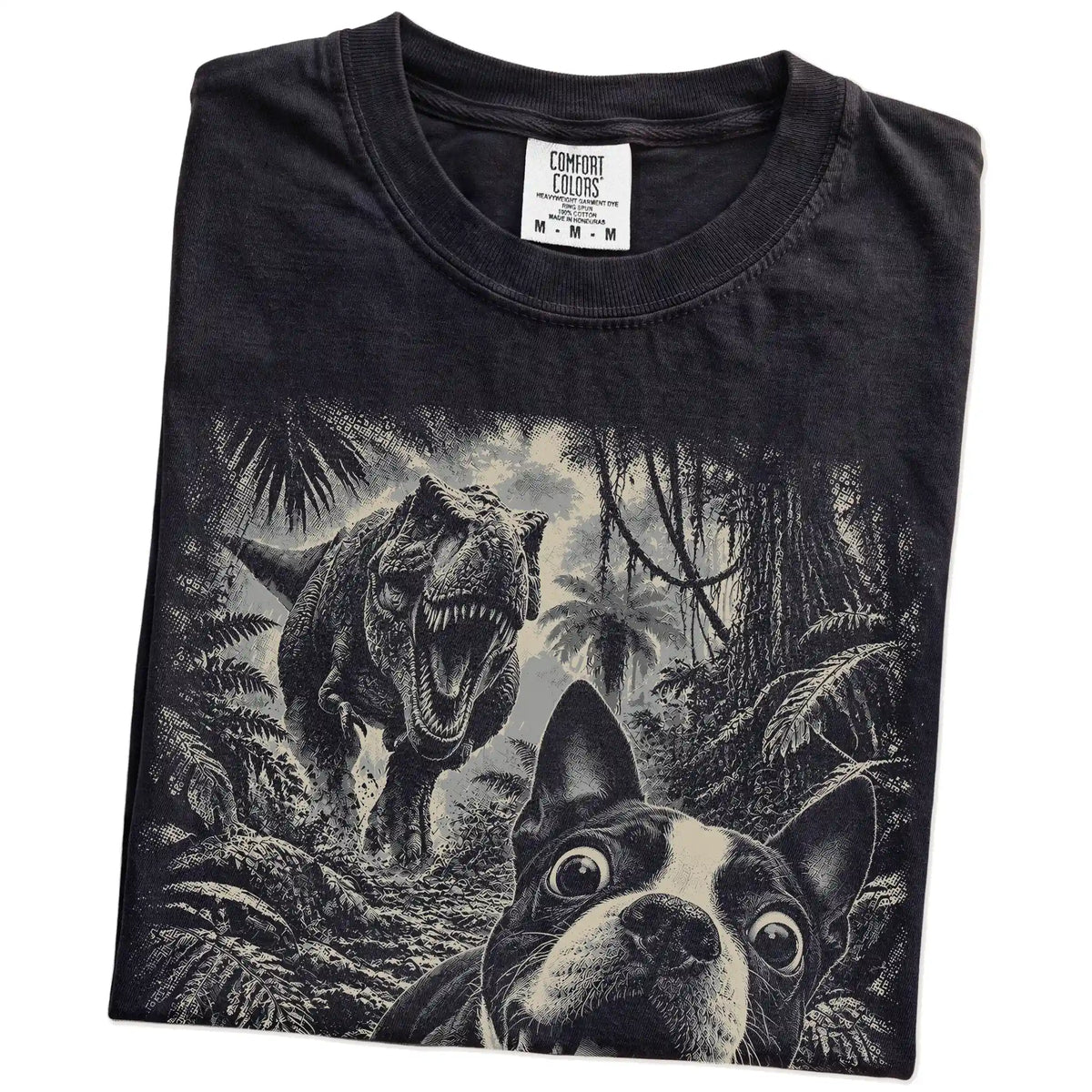T-Rex Selfie Boston Terrier Comfort Colors 1717 T-Shirt in Black, folded detail