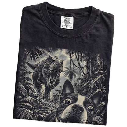 T-Rex Selfie Boston Terrier Comfort Colors 1717 T-Shirt in Black, folded detail