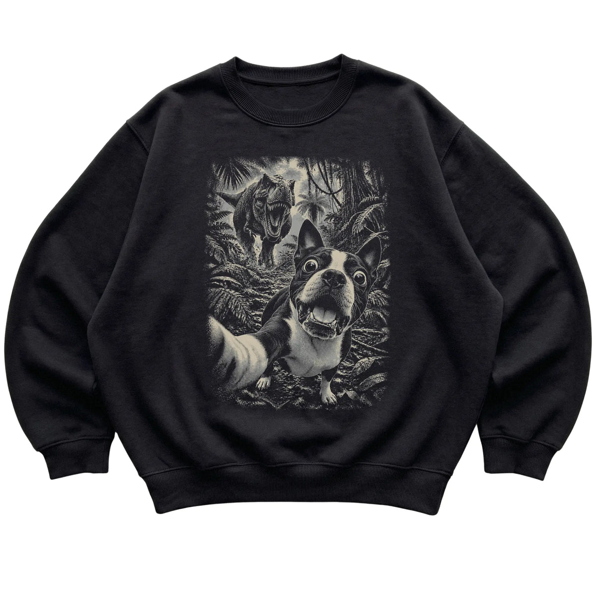 T-Rex Selfie Boston Terrier Gildan Heavy Blend Crewneck Sweatshirt in Black, flat lay
