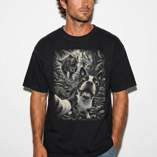 T-Rex Selfie Boston Terrier Comfort Colors 1717 T-Shirt in Black, studio lifestyle