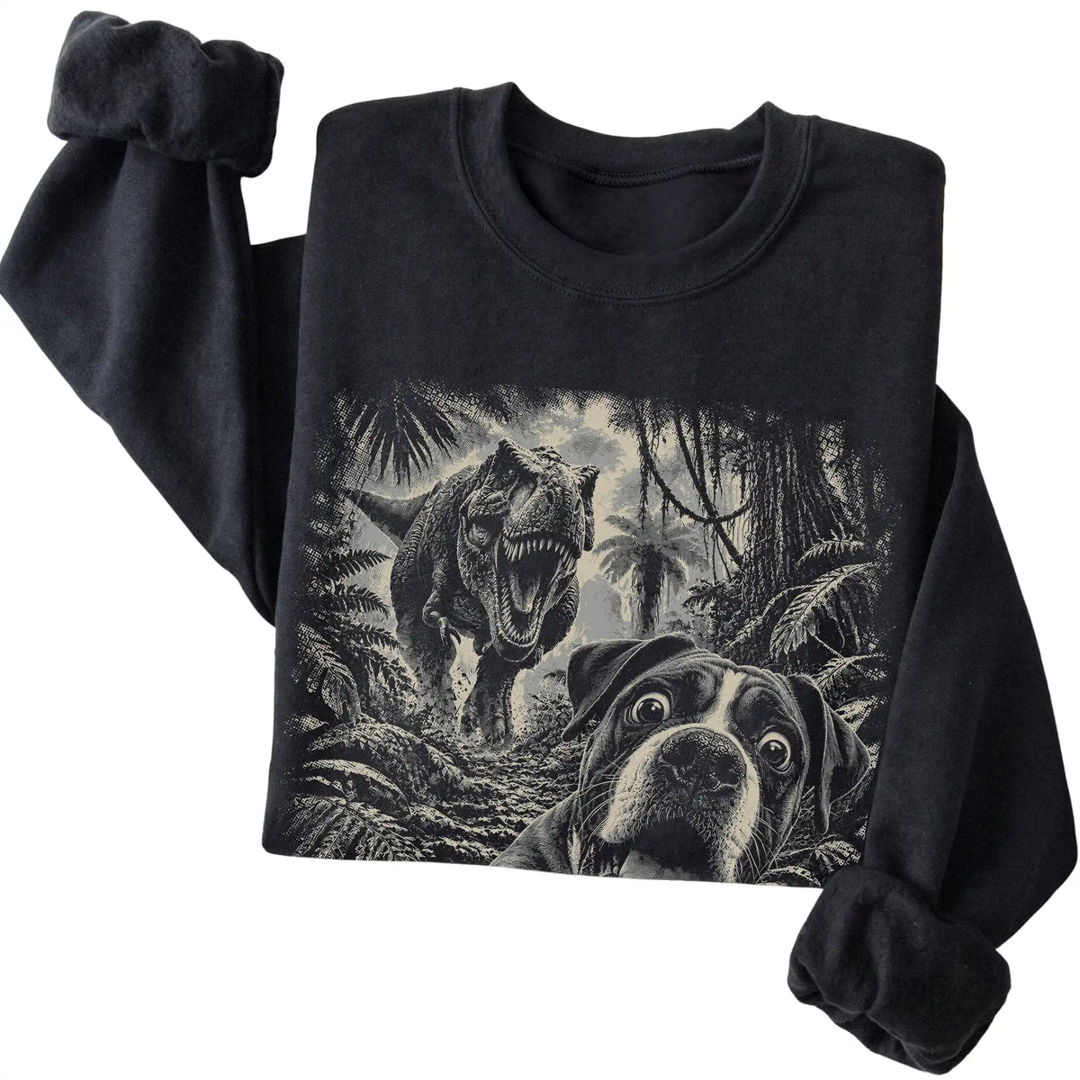 T-Rex Selfie Boxer Gildan Heavy Blend Crewneck Sweatshirt in Black, folded detail