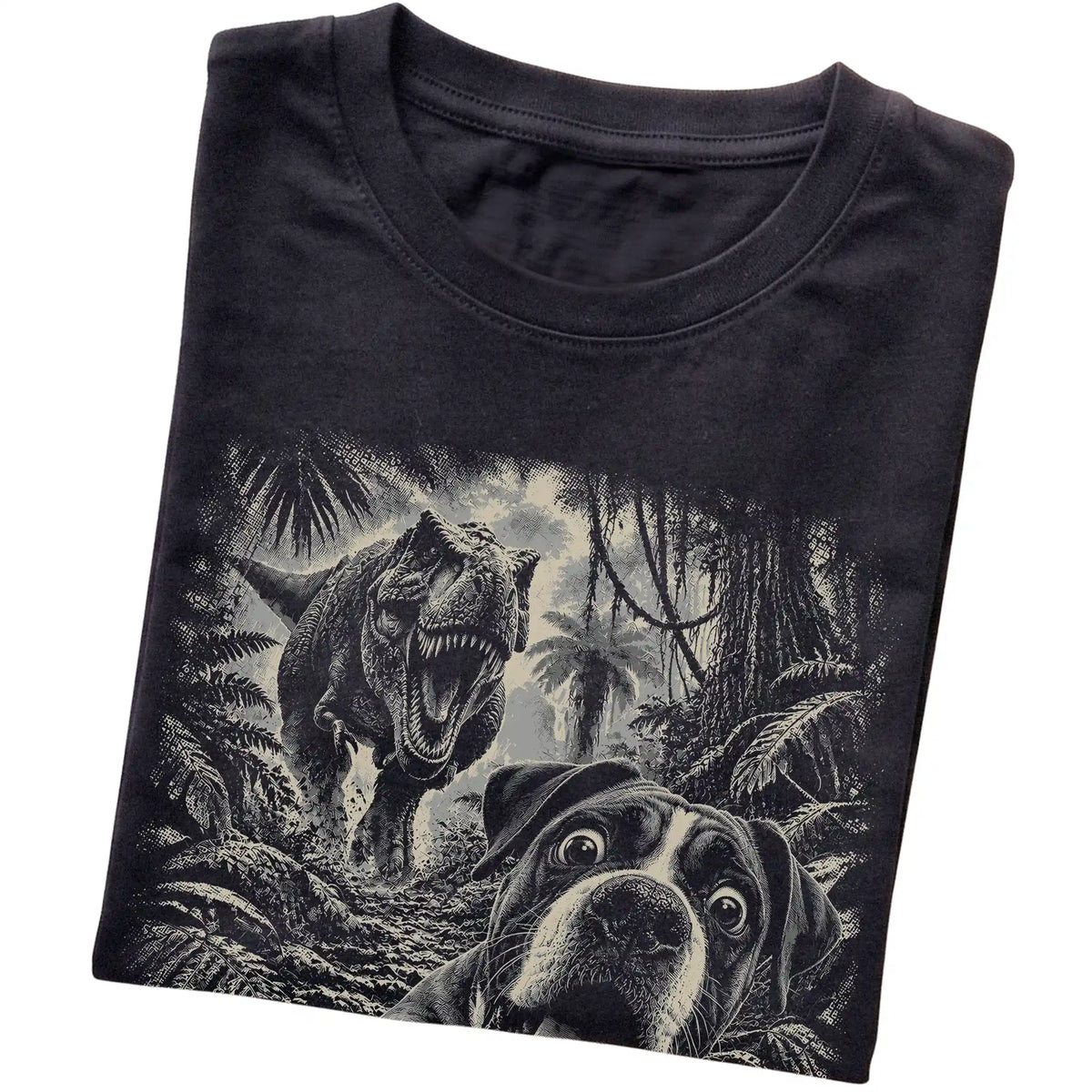 T-Rex Selfie Boxer Gildan Softstyle T-Shirt in Black, folded detail
