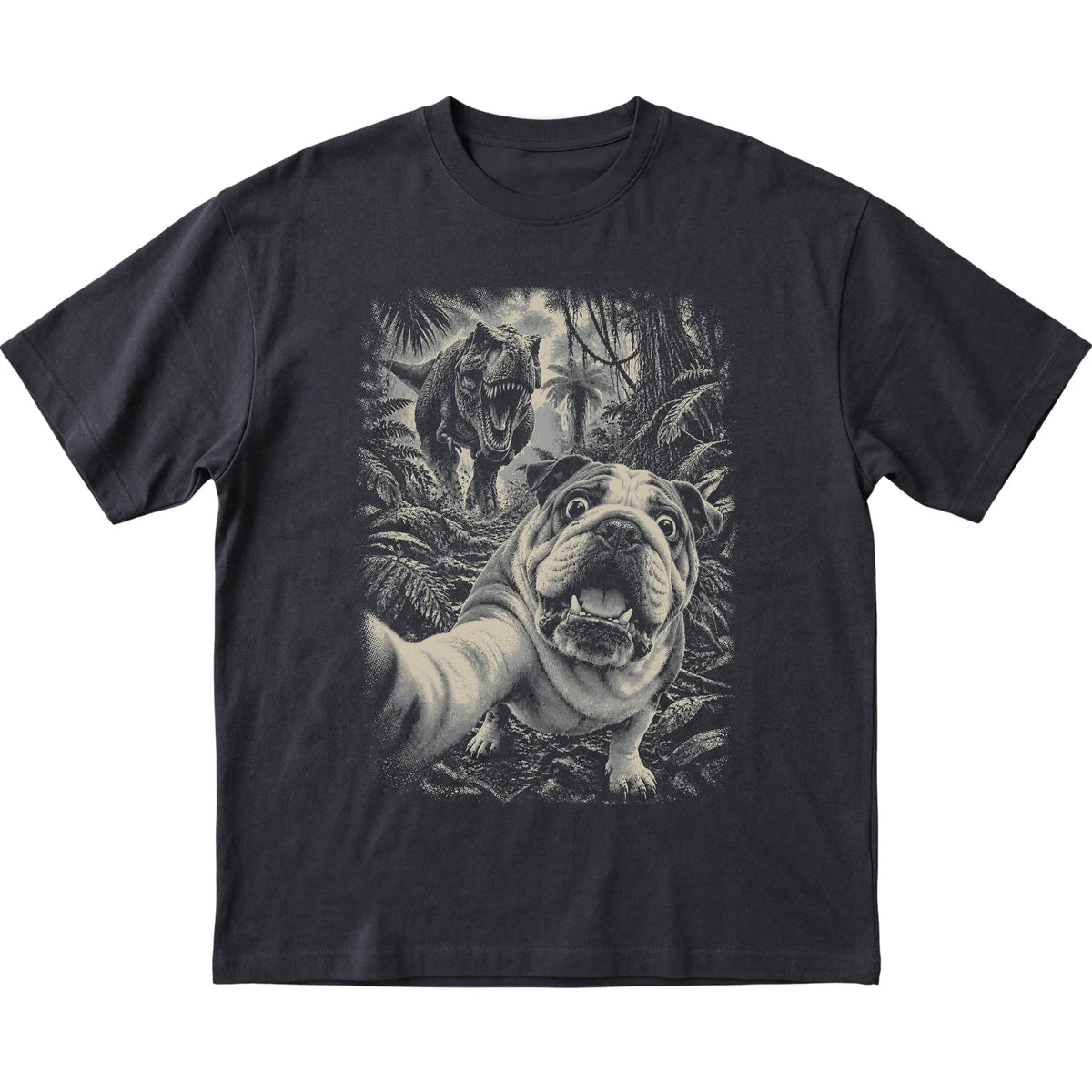 T-Rex Selfie English Bulldog Gildan Softstyle T-Shirt in Black, flat lay