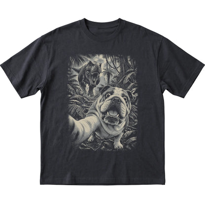 T-Rex Selfie English Bulldog Gildan Softstyle T-Shirt in Black, flat lay