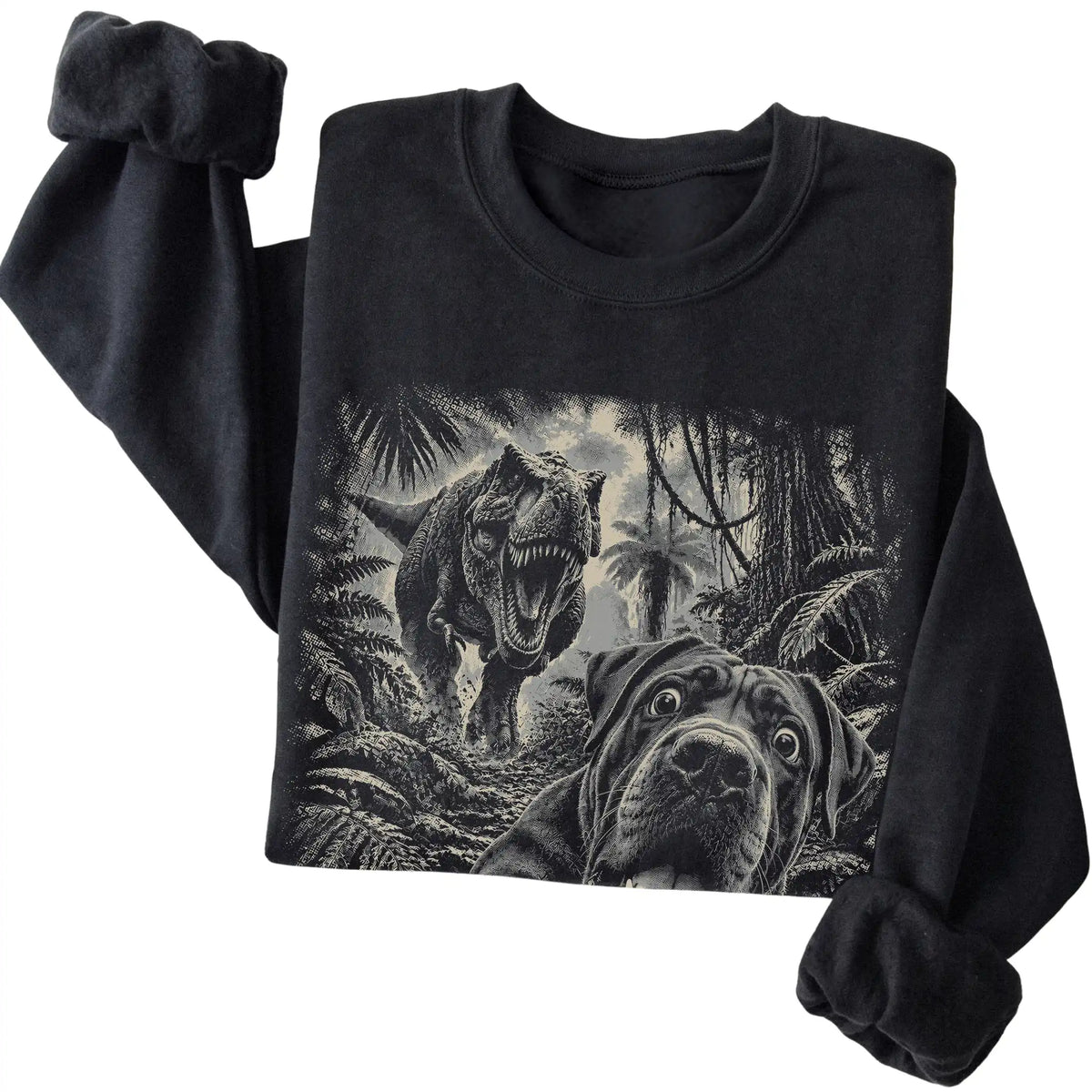 T-Rex Selfie Cane Corso Gildan Heavy Blend Crewneck Sweatshirt in Black, folded detail