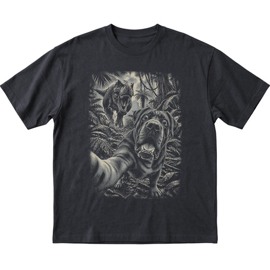 T-Rex Selfie Cane Corso Gildan Softstyle T-Shirt in Black, flat lay