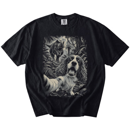 T-Rex Selfie Cavalier King Charles Spaniel Comfort Colors 1717 T-Shirt in Black, flat lay