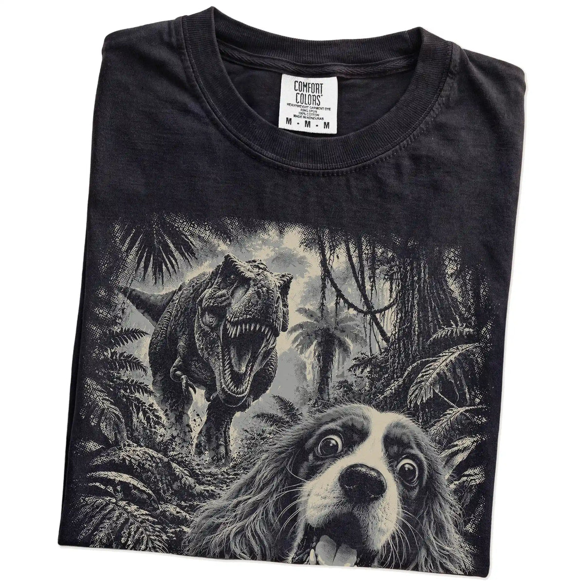 T-Rex Selfie Cavalier King Charles Spaniel Comfort Colors 1717 T-Shirt in Black, folded detail