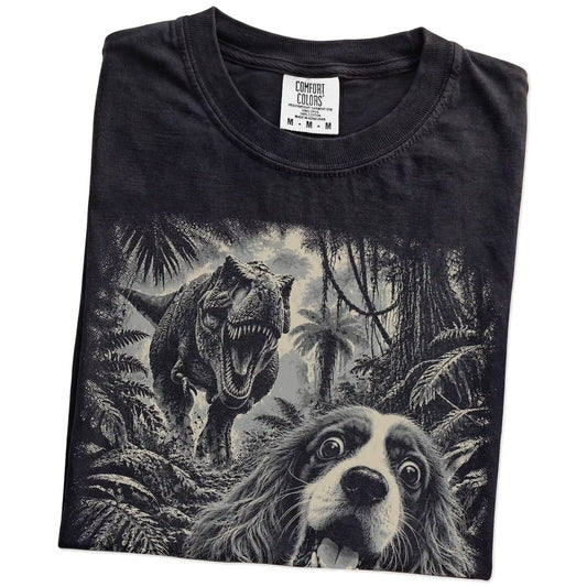T-Rex Selfie Cavalier King Charles Spaniel Comfort Colors 1717 T-Shirt in Black, folded detail
