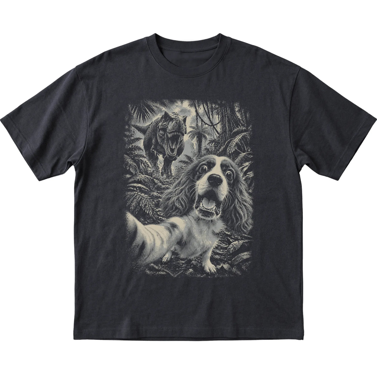 T-Rex Selfie Cavalier King Charles Spaniel Gildan Softstyle T-Shirt in Black, flat lay