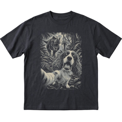 T-Rex Selfie Cavalier King Charles Spaniel Gildan Softstyle T-Shirt in Black, flat lay