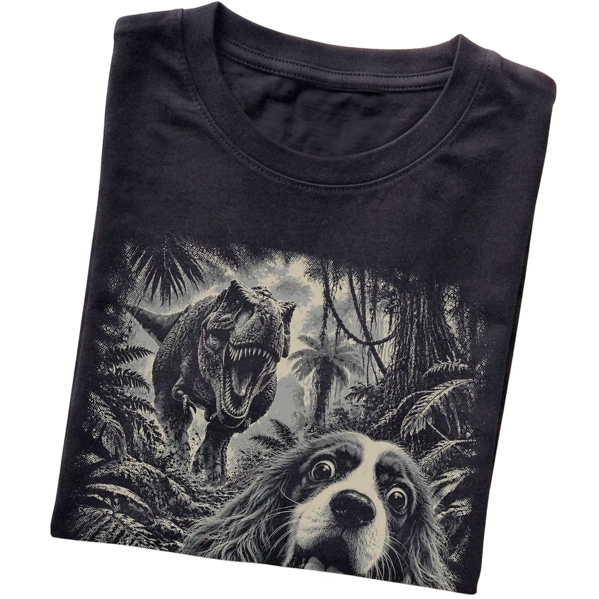 T-Rex Selfie Cavalier King Charles Spaniel Gildan Softstyle T-Shirt in Black, folded detail