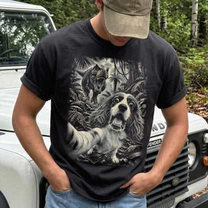 T-Rex Selfie Cavalier King Charles Spaniel Comfort Colors 1717 T-Shirt in Black, studio lifestyle