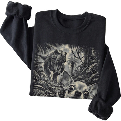 T-Rex Selfie Chihuahua Gildan Heavy Blend Crewneck Sweatshirt in Black, folded detail