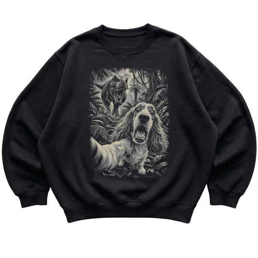 T-Rex Selfie Cocker Spaniel Gildan Heavy Blend Crewneck Sweatshirt in Black, flat lay