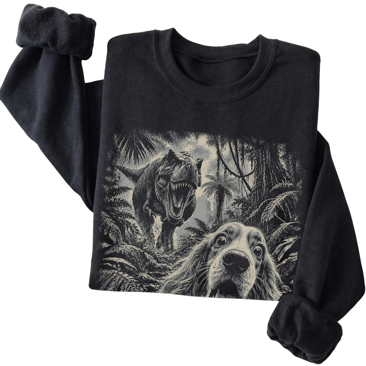 T-Rex Selfie Cocker Spaniel Gildan Heavy Blend Crewneck Sweatshirt in Black, folded detail