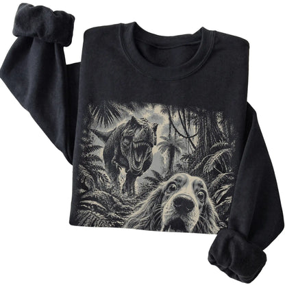 T-Rex Selfie Cocker Spaniel Gildan Heavy Blend Crewneck Sweatshirt in Black, folded detail