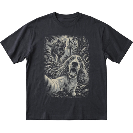 T-Rex Selfie Cocker Spaniel Gildan Softstyle T-Shirt in Black, flat lay