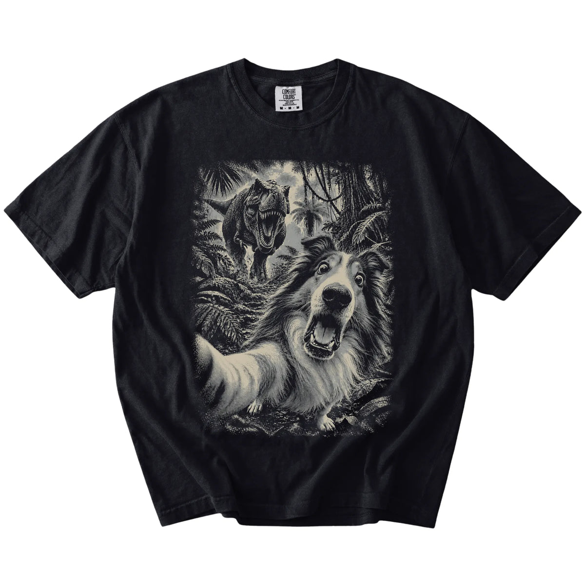 T-Rex Selfie Collie Comfort Colors 1717 T-Shirt in Black, flat lay