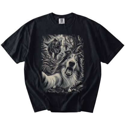 T-Rex Selfie Collie Comfort Colors 1717 T-Shirt in Black, flat lay