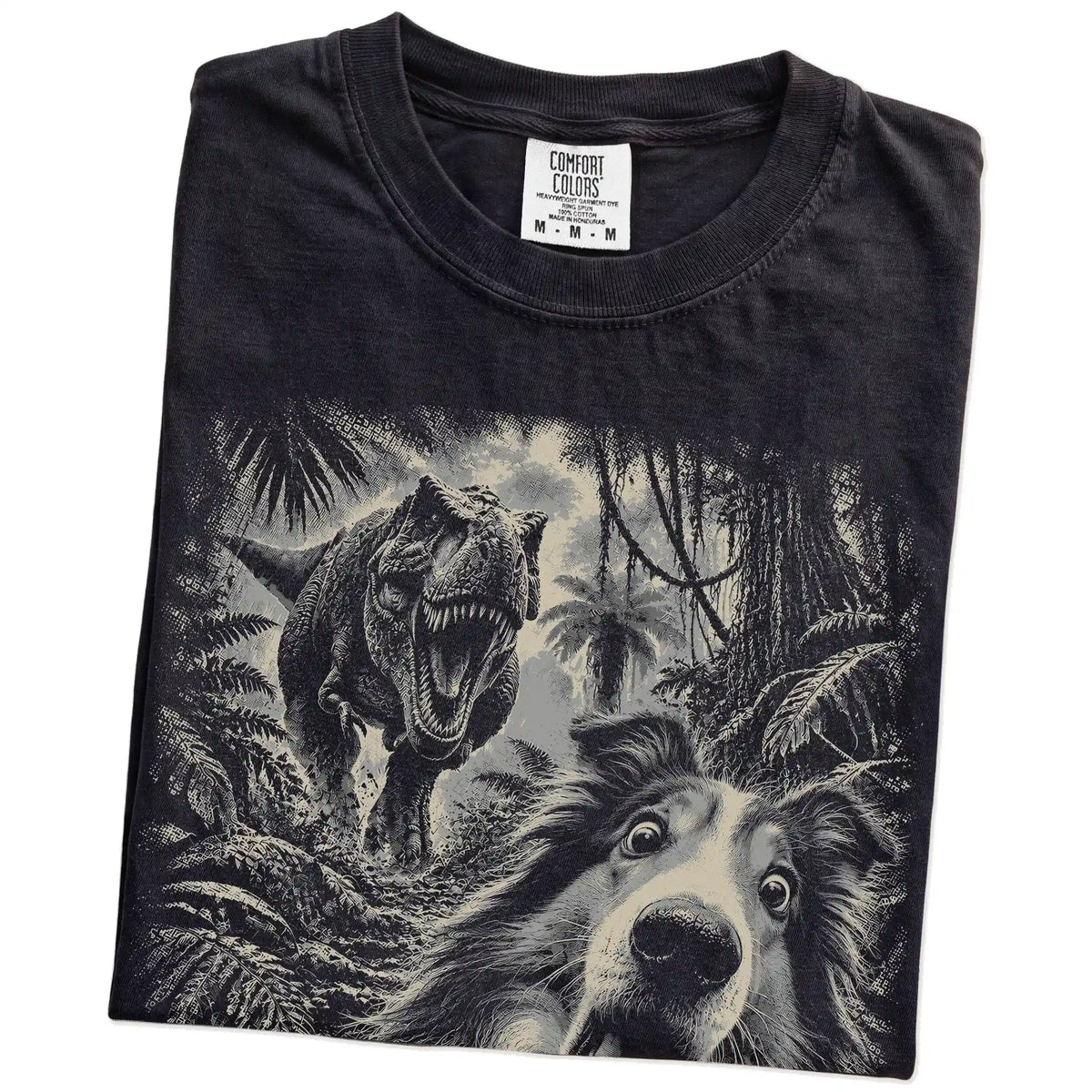 T-Rex Selfie Collie Comfort Colors 1717 T-Shirt in Black, folded detail