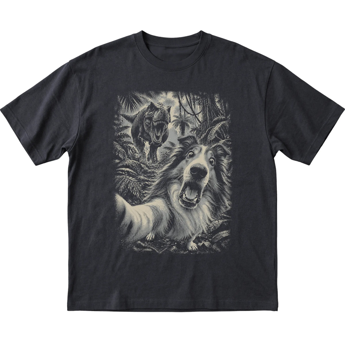 T-Rex Selfie Collie Gildan Softstyle T-Shirt in Black, flat lay