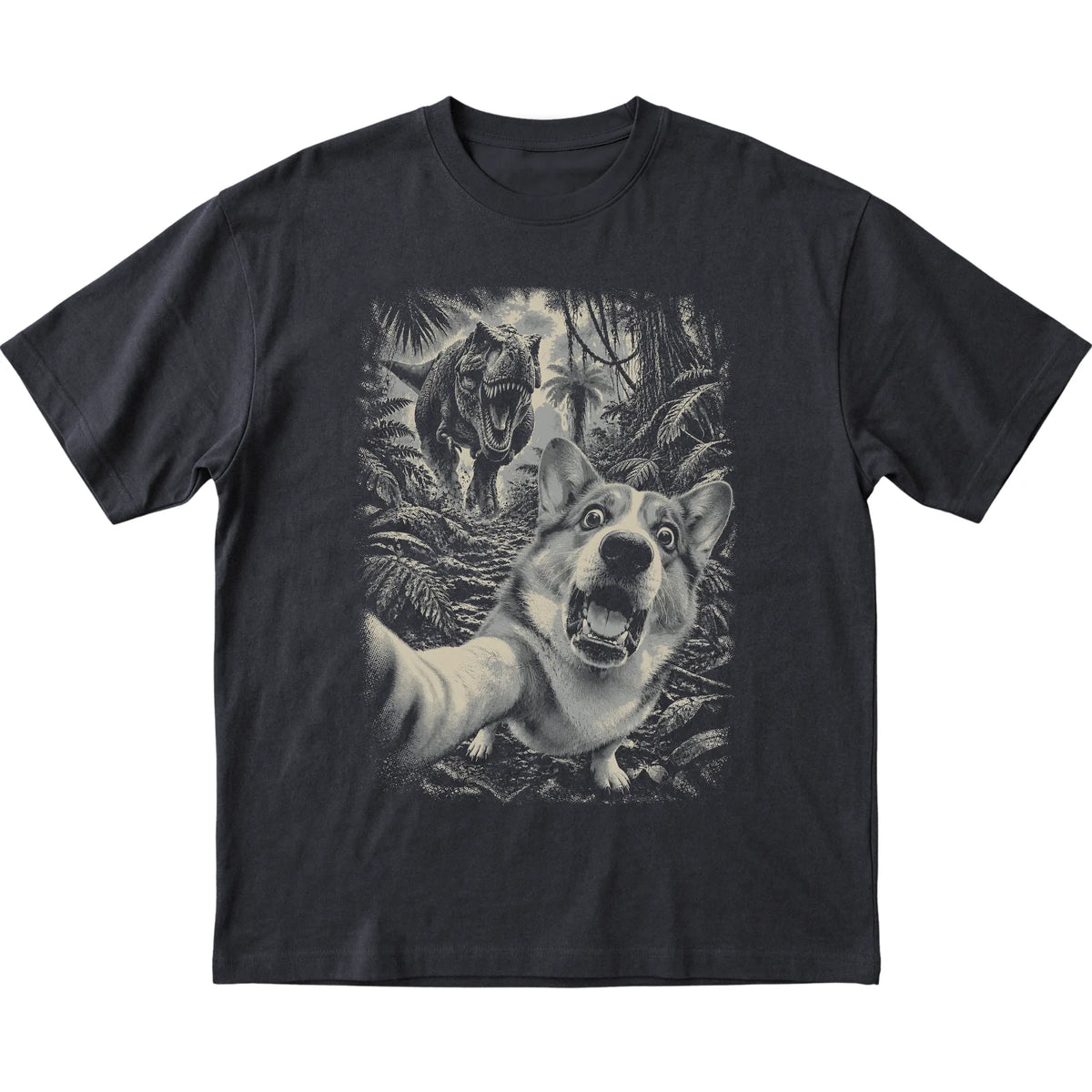 T-Rex Selfie Corgi Gildan Softstyle T-Shirt in Black, flat lay