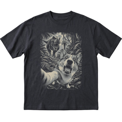 T-Rex Selfie Corgi Gildan Softstyle T-Shirt in Black, flat lay