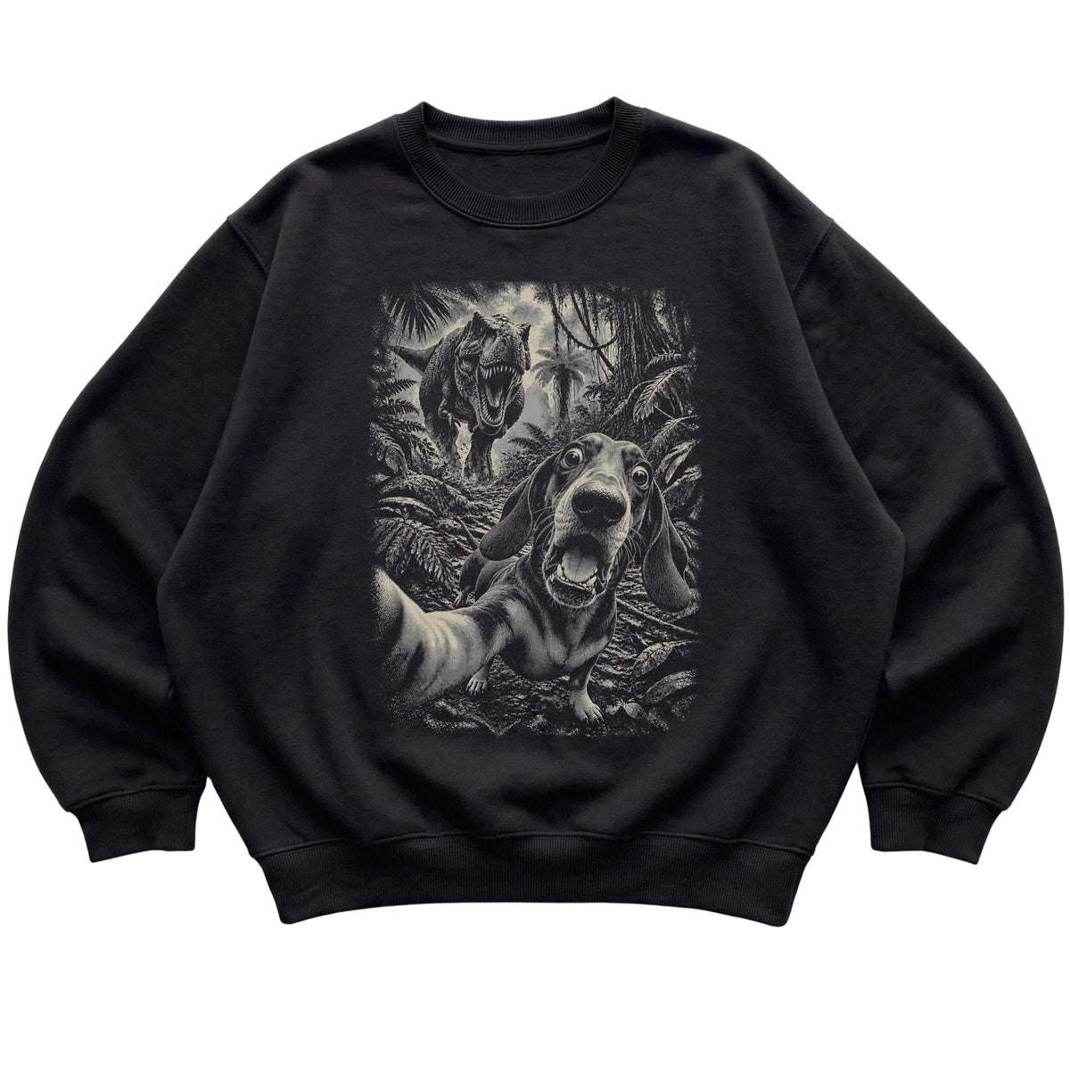 T-Rex Selfie Dachshund Gildan Heavy Blend Crewneck Sweatshirt in Black, flat lay