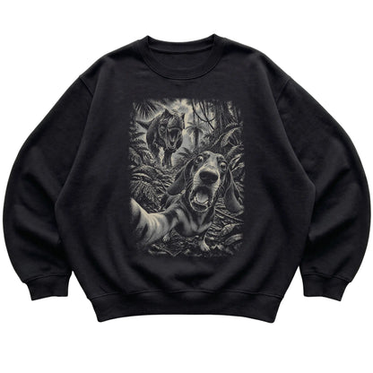 T-Rex Selfie Dachshund Gildan Heavy Blend Crewneck Sweatshirt in Black, flat lay