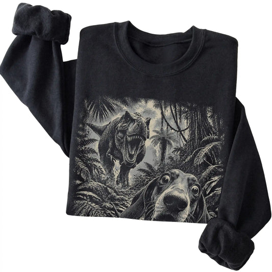 T-Rex Selfie Dachshund Gildan Heavy Blend Crewneck Sweatshirt in Black, folded detail