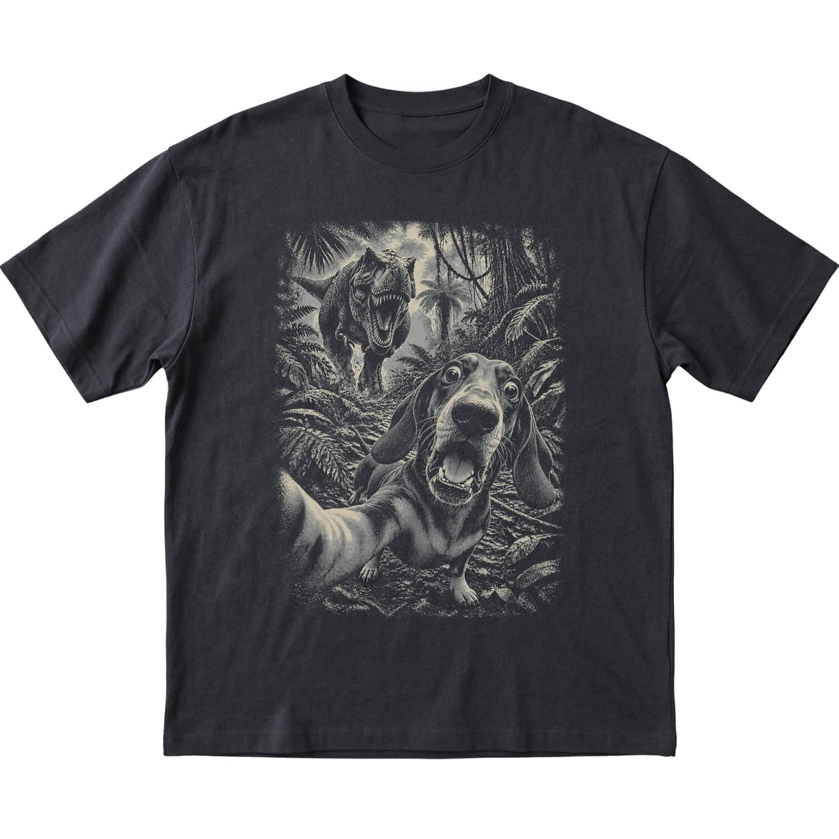 T-Rex Selfie Dachshund Gildan Softstyle T-Shirt in Black, flat lay