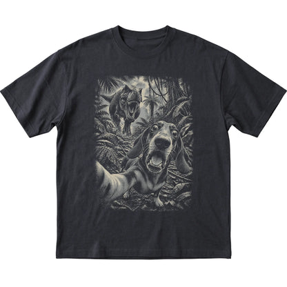 T-Rex Selfie Dachshund Gildan Softstyle T-Shirt in Black, flat lay