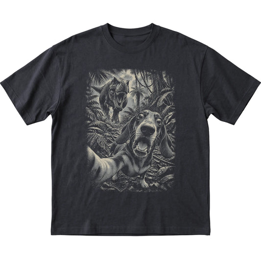 T-Rex Selfie Dachshund Gildan Softstyle T-Shirt in Black, flat lay