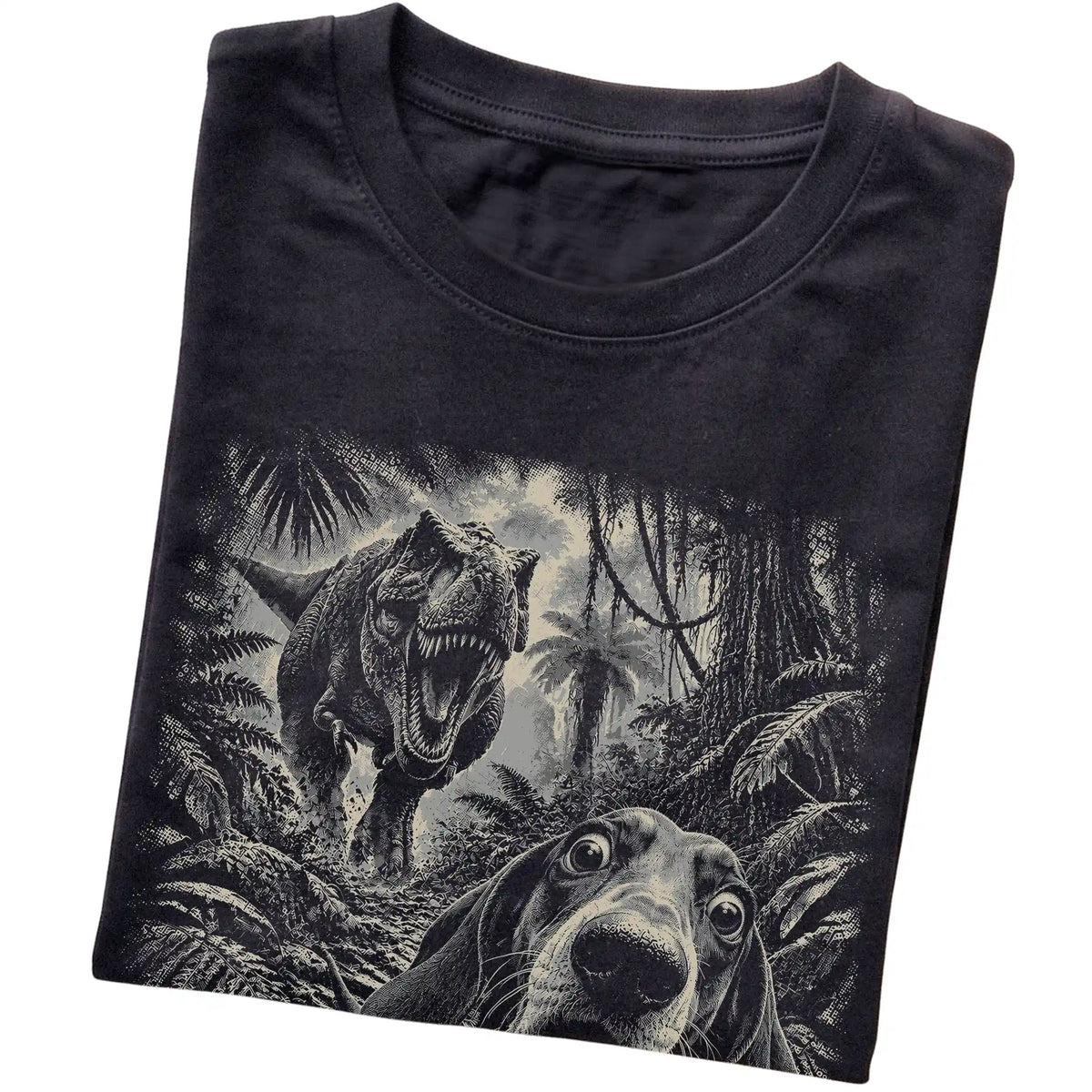 T-Rex Selfie Dachshund Gildan Softstyle T-Shirt in Black, folded detail