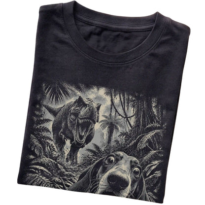 T-Rex Selfie Dachshund Gildan Softstyle T-Shirt in Black, folded detail