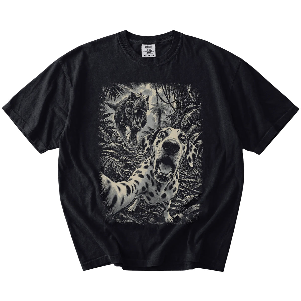 T-Rex Selfie Dalmatian Comfort Colors 1717 T-Shirt in Black, flat lay