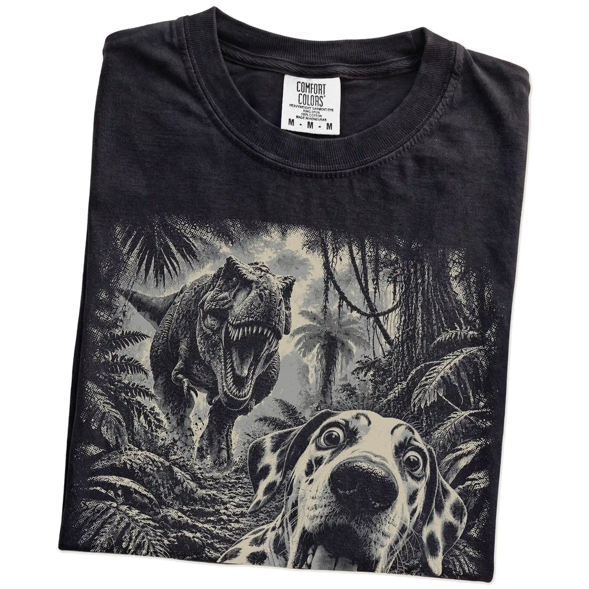 T-Rex Selfie Dalmatian Comfort Colors 1717 T-Shirt in Black, folded detail