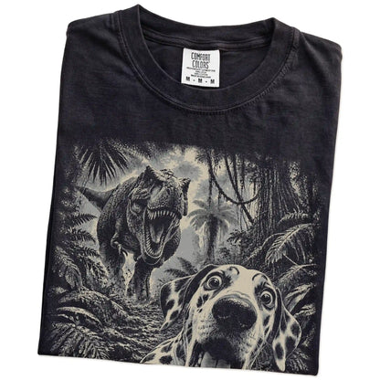 T-Rex Selfie Dalmatian Comfort Colors 1717 T-Shirt in Black, folded detail