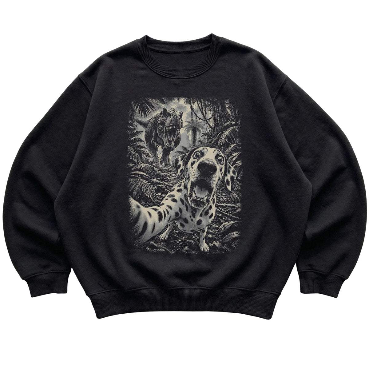 T-Rex Selfie Dalmatian Gildan Heavy Blend Crewneck Sweatshirt in Black, flat lay