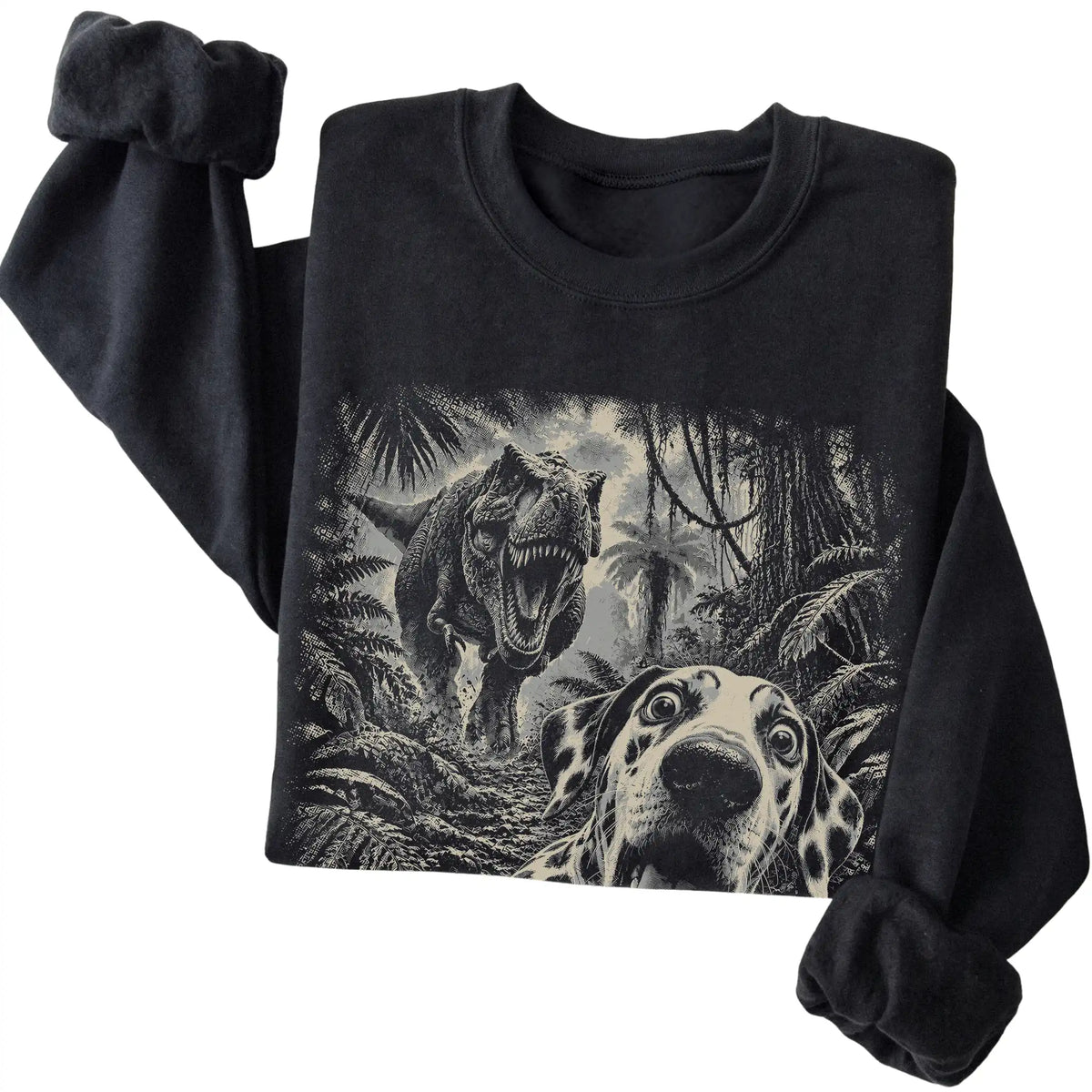 T-Rex Selfie Dalmatian Gildan Heavy Blend Crewneck Sweatshirt in Black, folded detail