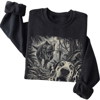T-Rex Selfie Dalmatian Gildan Heavy Blend Crewneck Sweatshirt in Black, folded detail