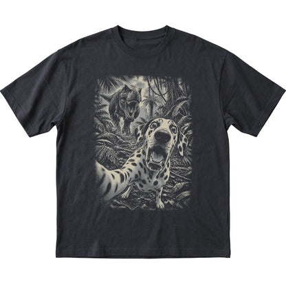 T-Rex Selfie Dalmatian Gildan Softstyle T-Shirt in Black, flat lay