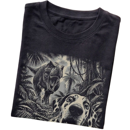 T-Rex Selfie Dalmatian Gildan Softstyle T-Shirt in Black, folded detail