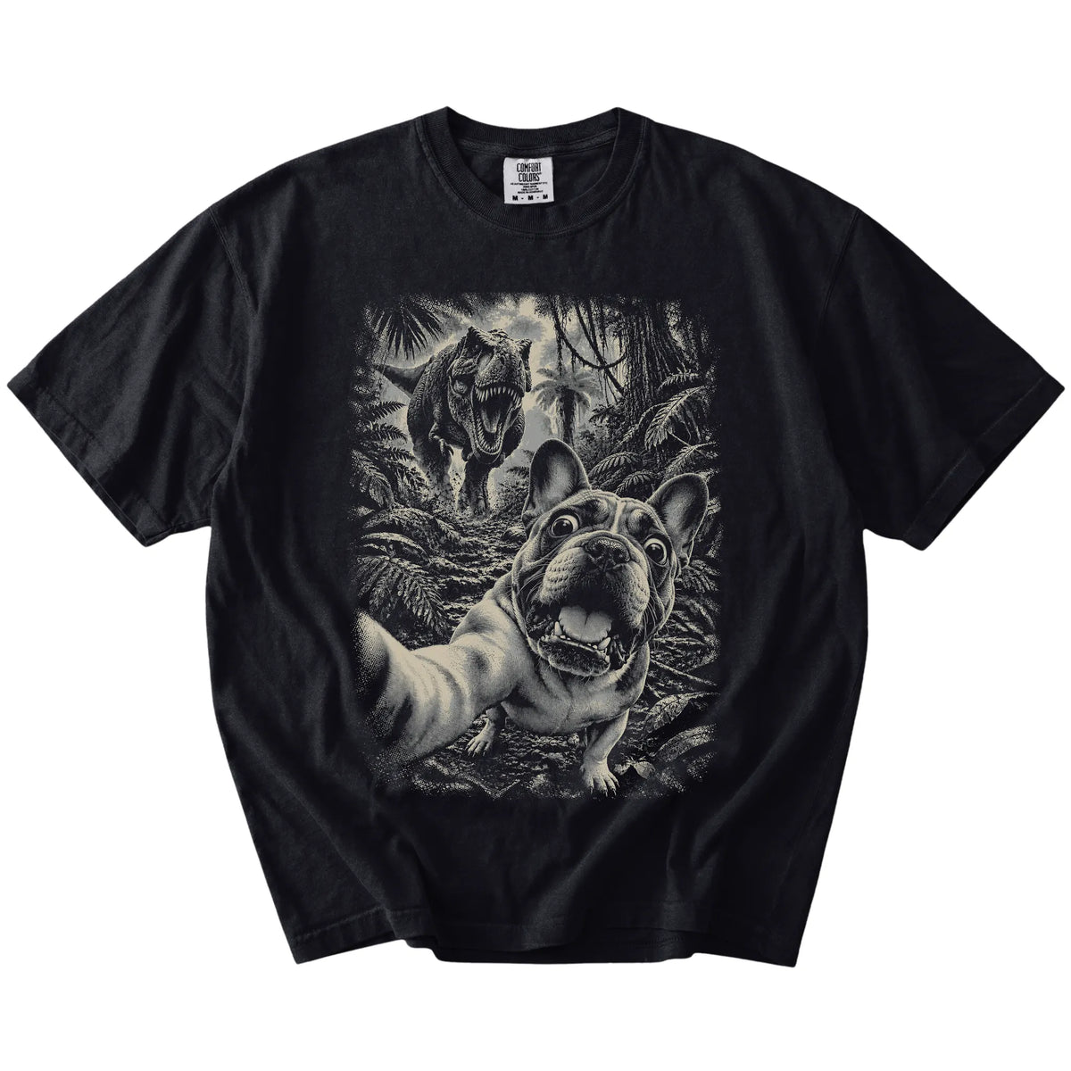 T-Rex Selfie French Bulldog Comfort Colors 1717 T-Shirt in Black, flat lay