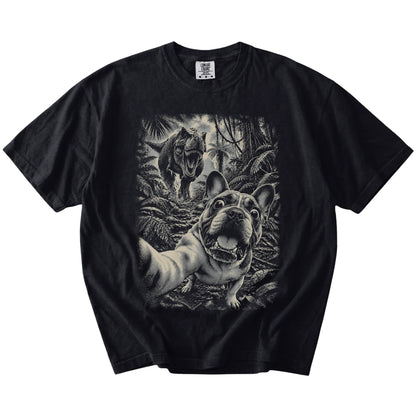 T-Rex Selfie French Bulldog Comfort Colors 1717 T-Shirt in Black, flat lay